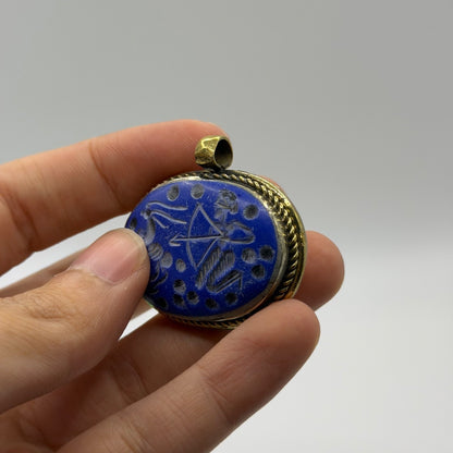 Vintage Lapis Blue Stone Intaglio Pendant –Hand Carved Archer Sagittarius Figure