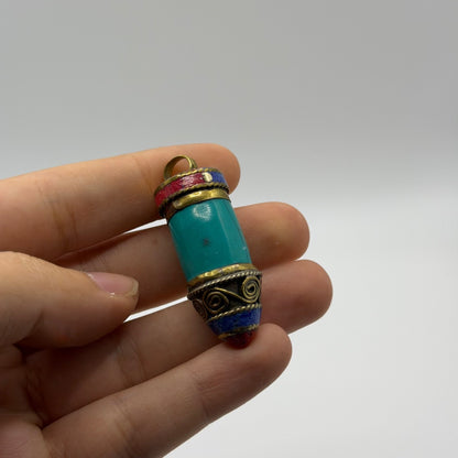 Tibetan Style Turquoise and Coral Brass Cylinder Pendant