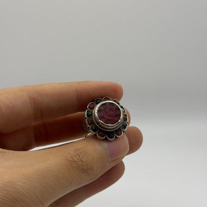 Silver Filigree Flower Ring with Carnelian Intaglio & Bead Border