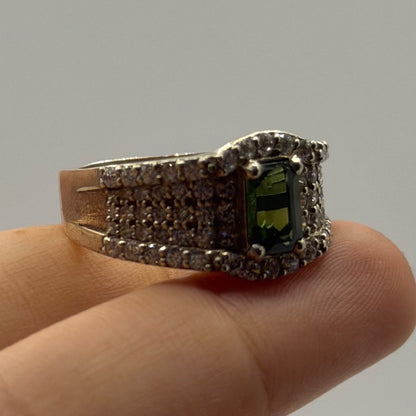 925 Sterling Silver Green Tourmaline Emerald Cut CZ Accent Halo Ring