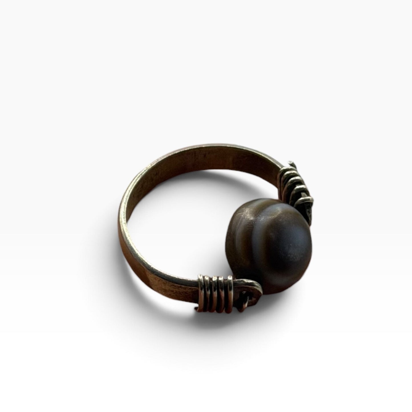 Vintage Silver Eye Agate Bead Ring Wire Wrapped Boho Ethnic Statement