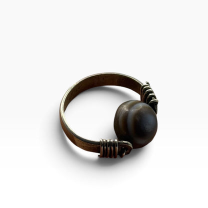 Vintage Silver Eye Agate Bead Ring Wire Wrapped Boho Ethnic Statement