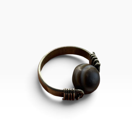Vintage Silver Eye Agate Bead Ring Wire Wrapped Boho Ethnic Statement