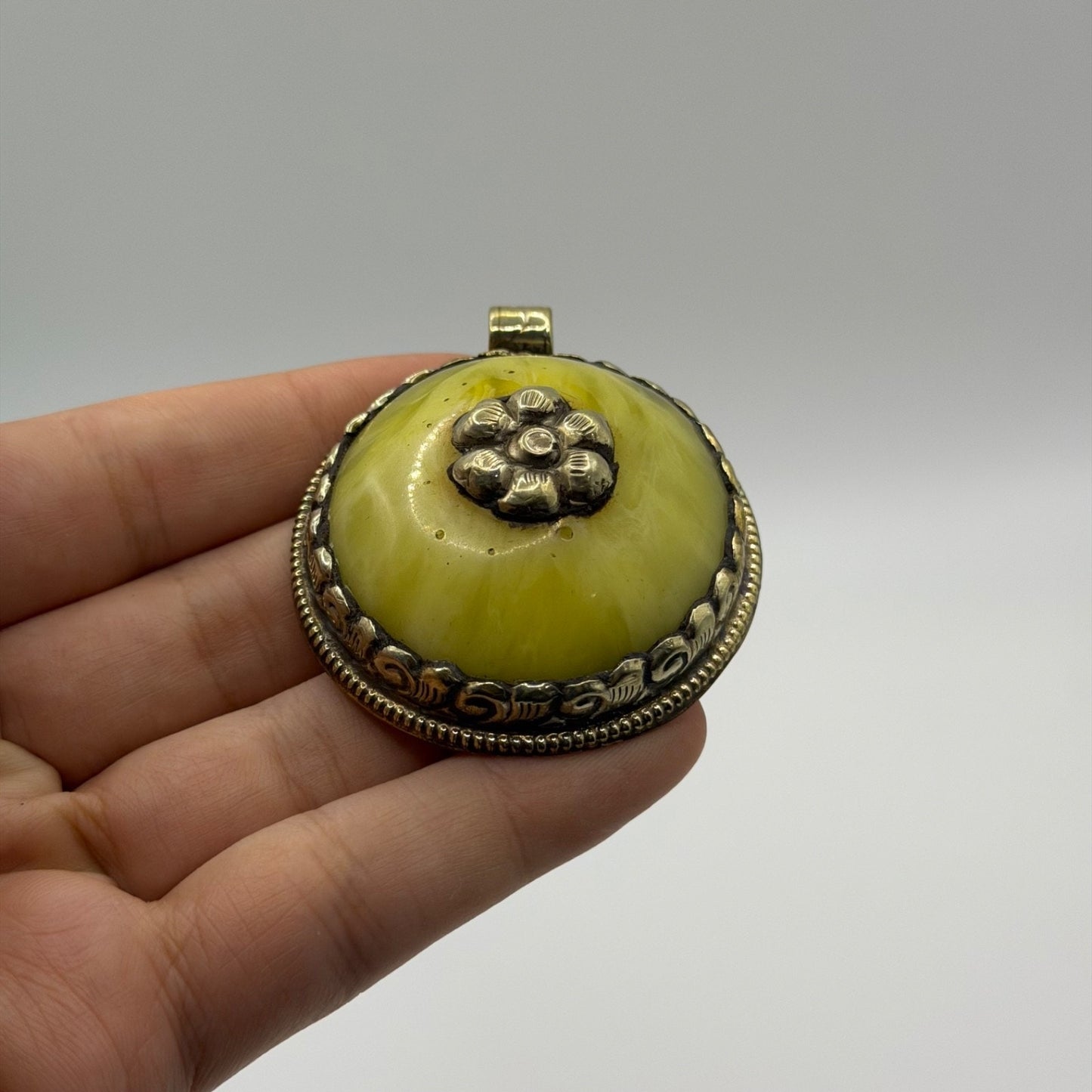 Vintage Nepalese Tribal Round Yellow Amber Resin Pendant Brass Flower Detail