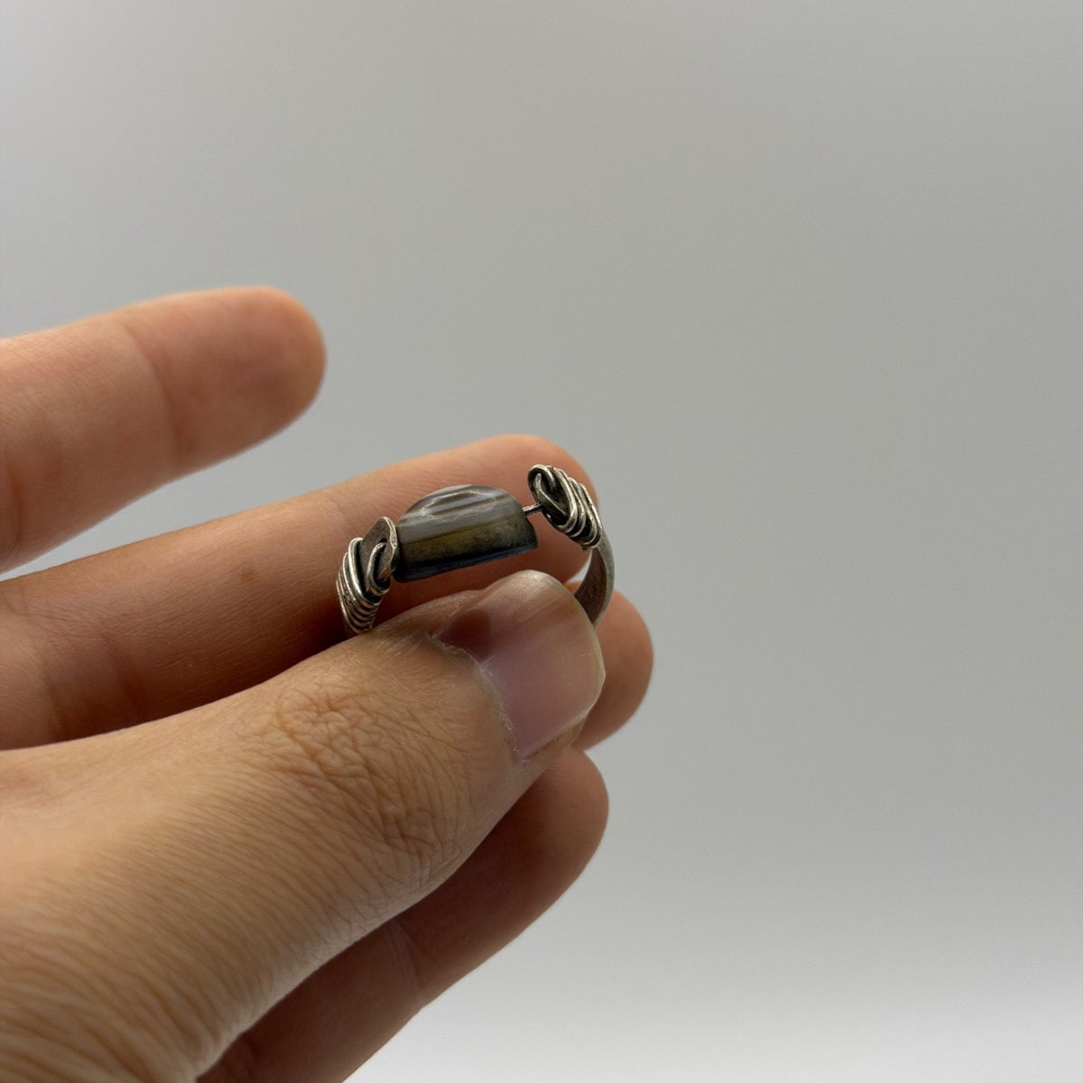 Vintage Silver Eye Agate Bead Ring Wire Wrapped Boho Ethnic Statement