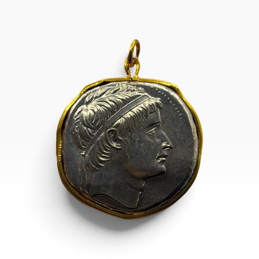 Ancient Roman Greek Inspired Silver Plated Gold Gilded Coin Pendant