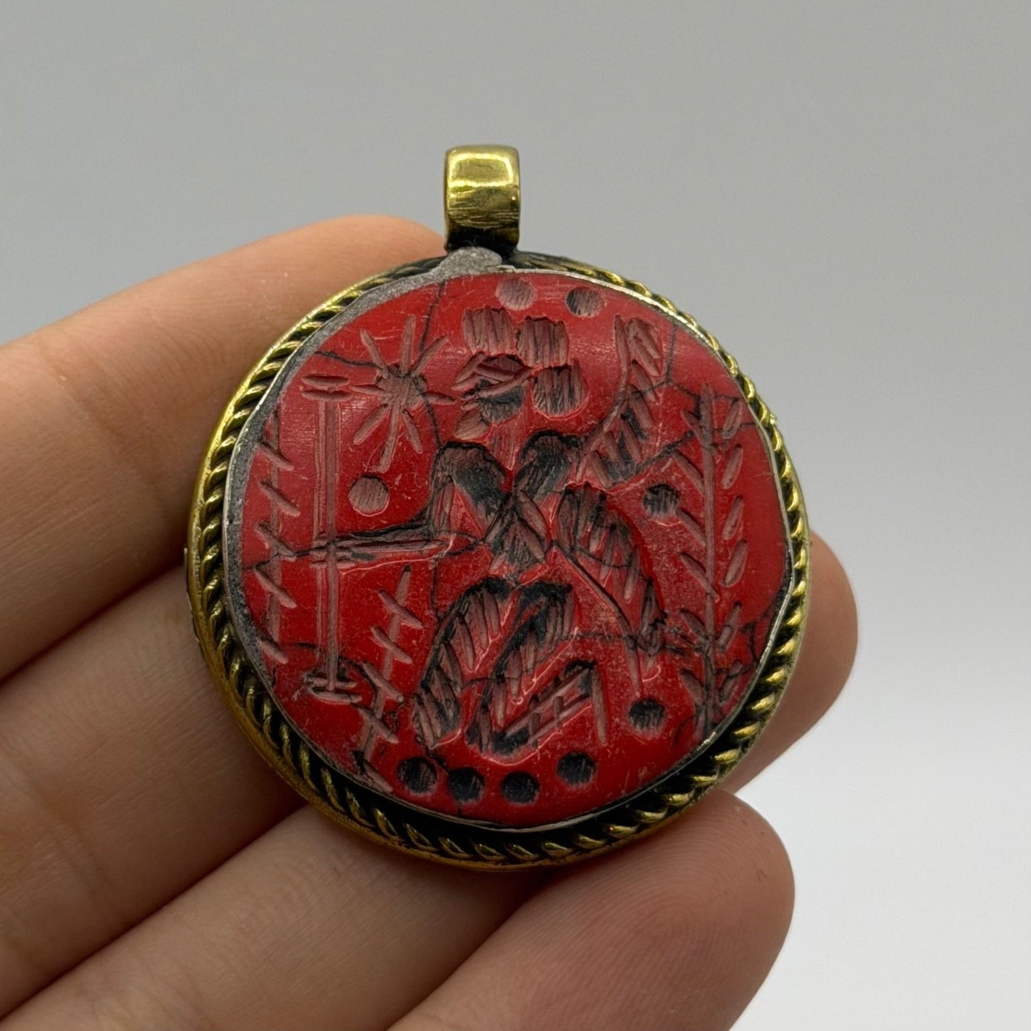 Antique Style Carved Red Stone Intaglio Medallion Pendant Brass Frame