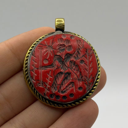 Antique Style Carved Red Stone Intaglio Medallion Pendant Brass Frame
