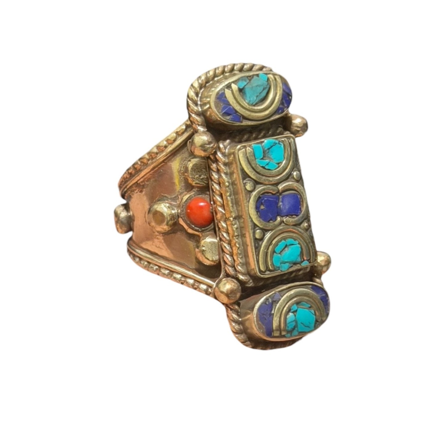 Unique Tribal Nepalese Multi Stone Silver Tone Ring