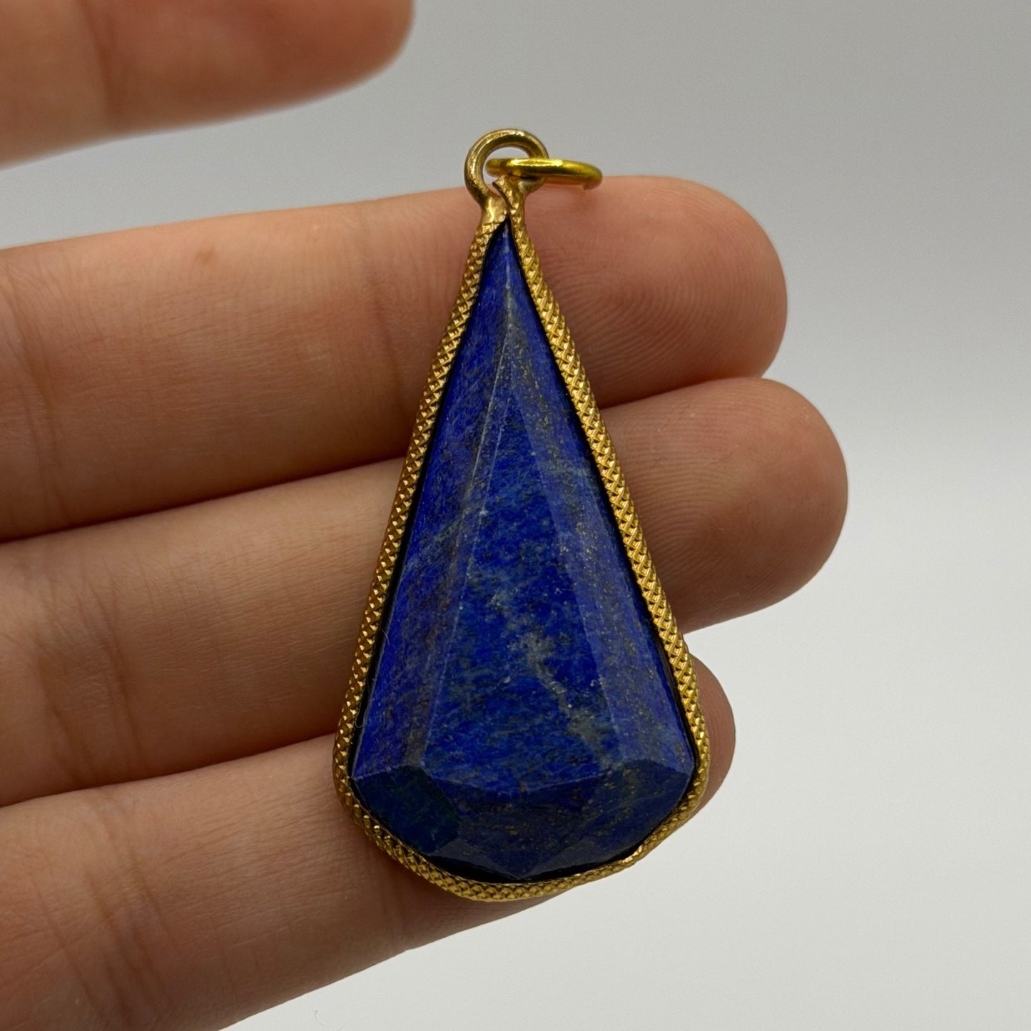 Natural Afghan Lapis Lazuli Teardrop Pendant Faceted Blue Gemstone Gold Tone