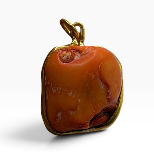 Vintage Natural Coral Barrel Pendant Gold Plated Wire Wrapped Bead Charm