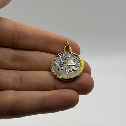 Ancient Roman Greek Style Silver & Gold Tone Coin Pendant