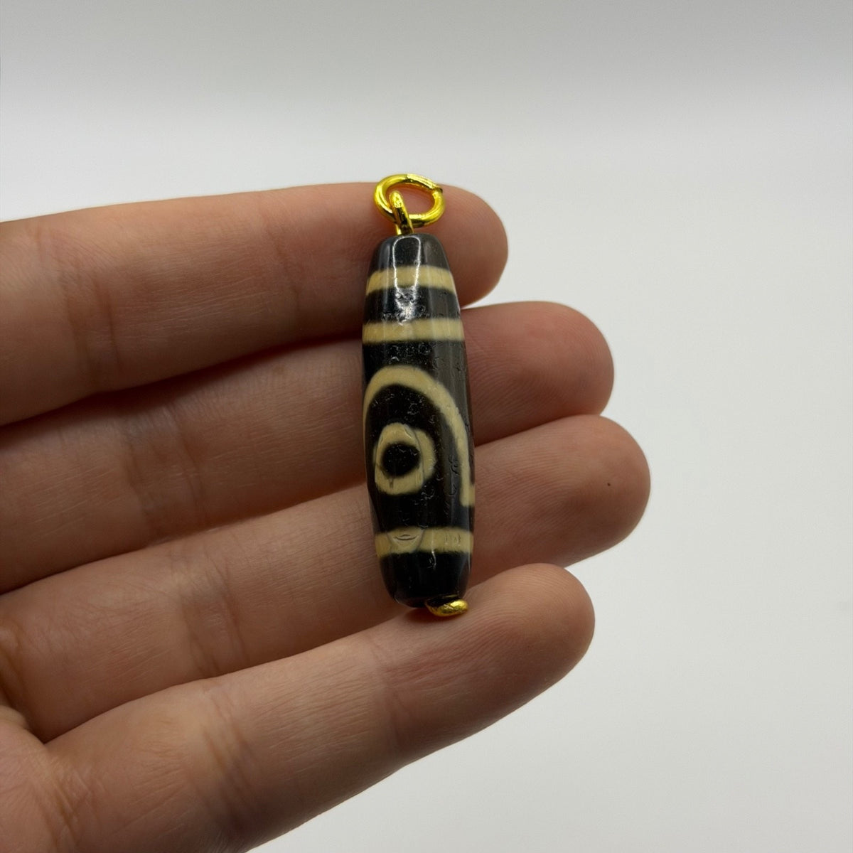 Vintage Tibetan Dzi Eye Agate Bead Tube Pendant Gold Tone Charm