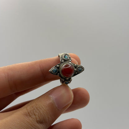 Silver Carnelian Turquoise Multi Stone Tribal Ethnic Marquise Statement Ring