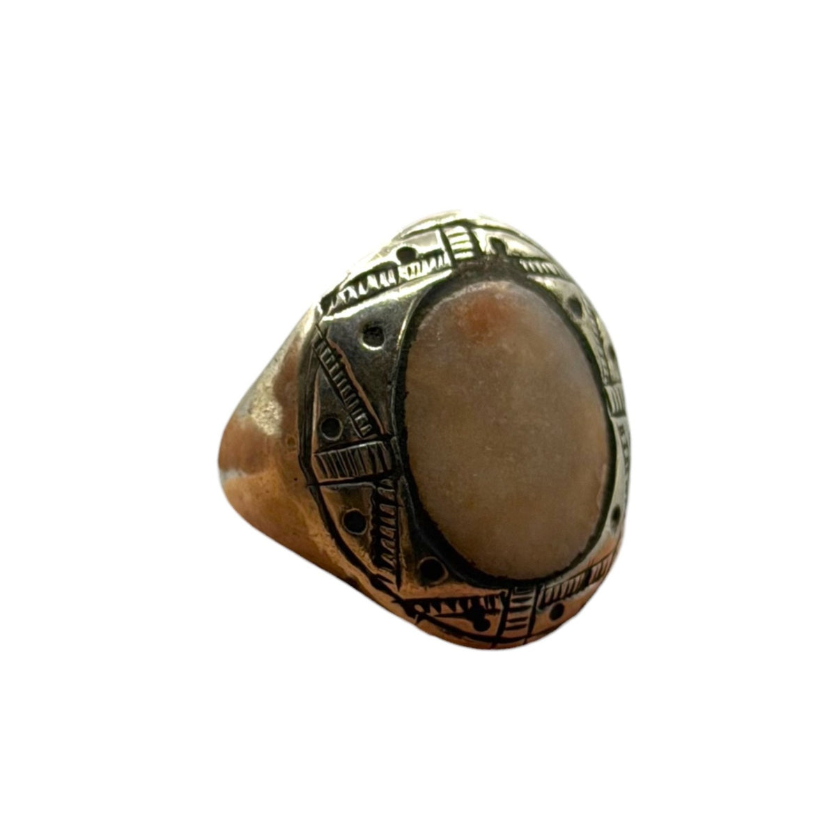 Vintage Silver Oval Stone Cabochon Ring Engraved Tribal Geometry Design