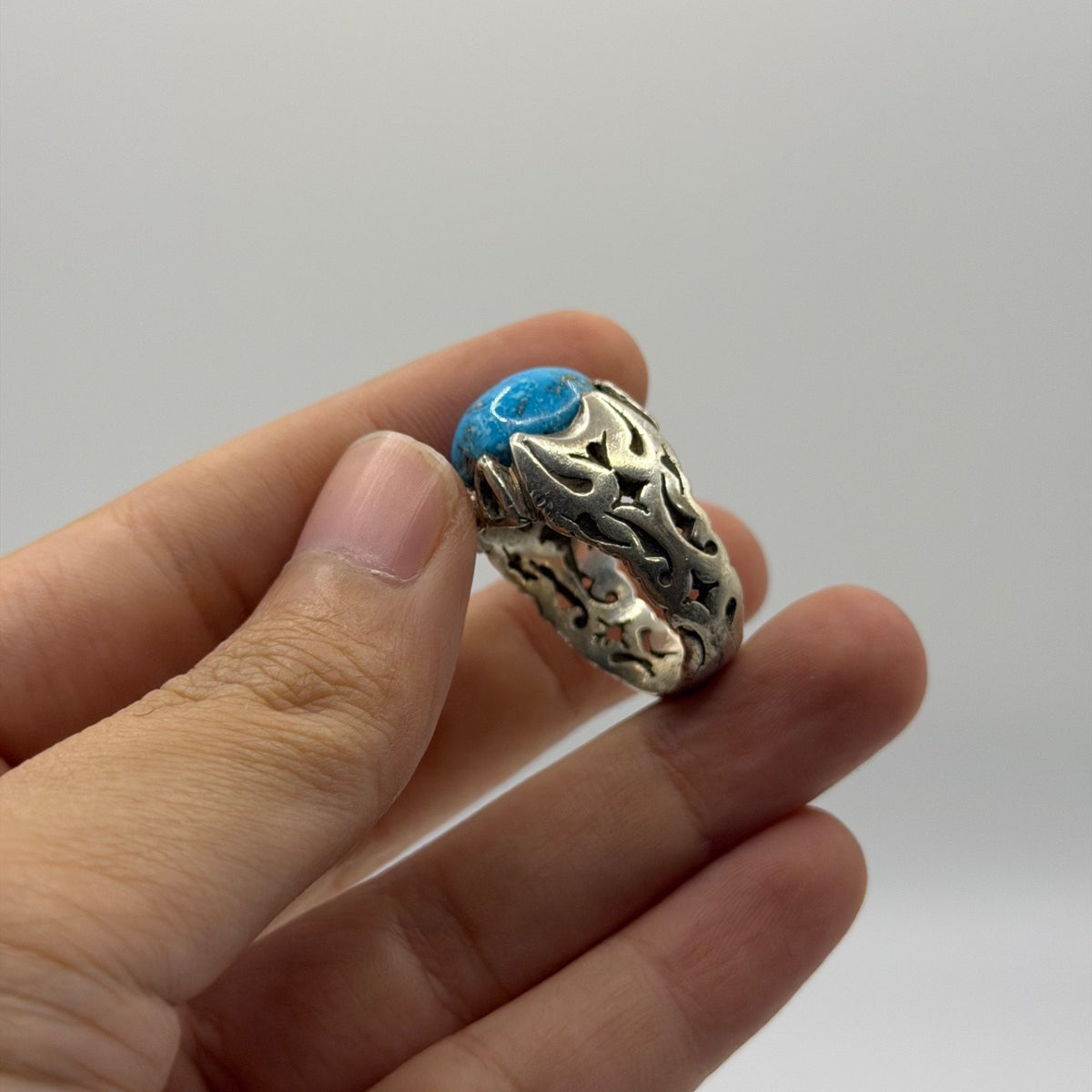 Sterling Silver Tribal Flame Design Ring with Turquoise Cabochon Stone