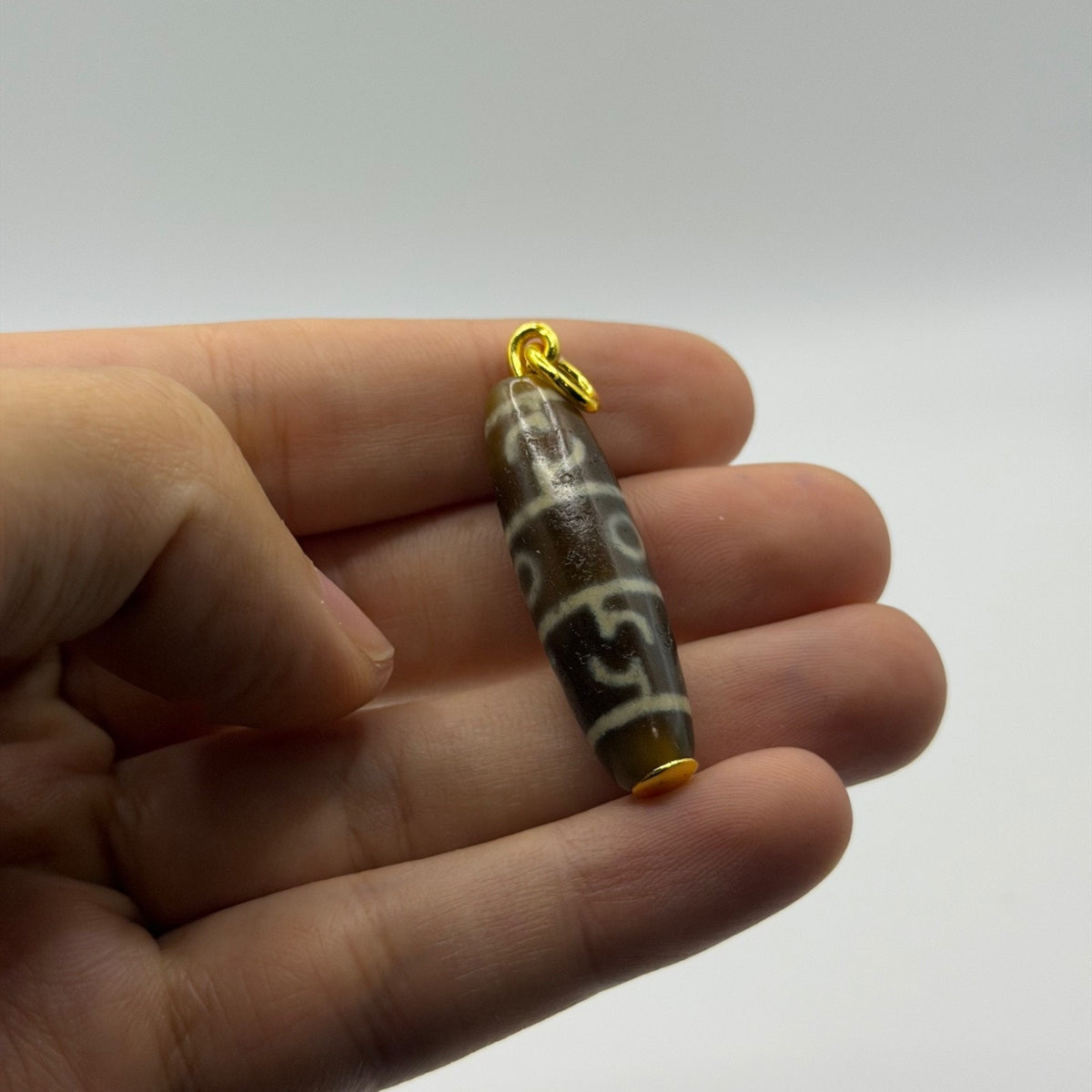Vintage Tibetan Dzi Eye Agate Bead Tube Pendant Gold Tone Charm