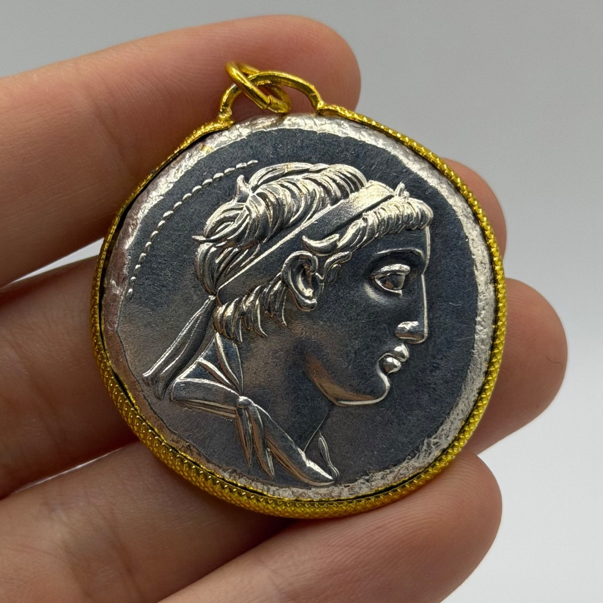 Ancient Roman Greek Style Silver & Gold Tone Coin Pendant
