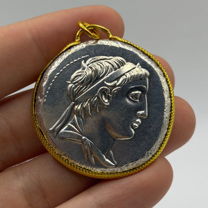 Ancient Roman Greek Style Silver & Gold Tone Coin Pendant