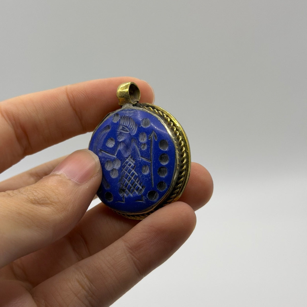 Vintage Lapis Blue Glass Intaglio Pendant –Hand Carved Warrior Figure Rope Brass