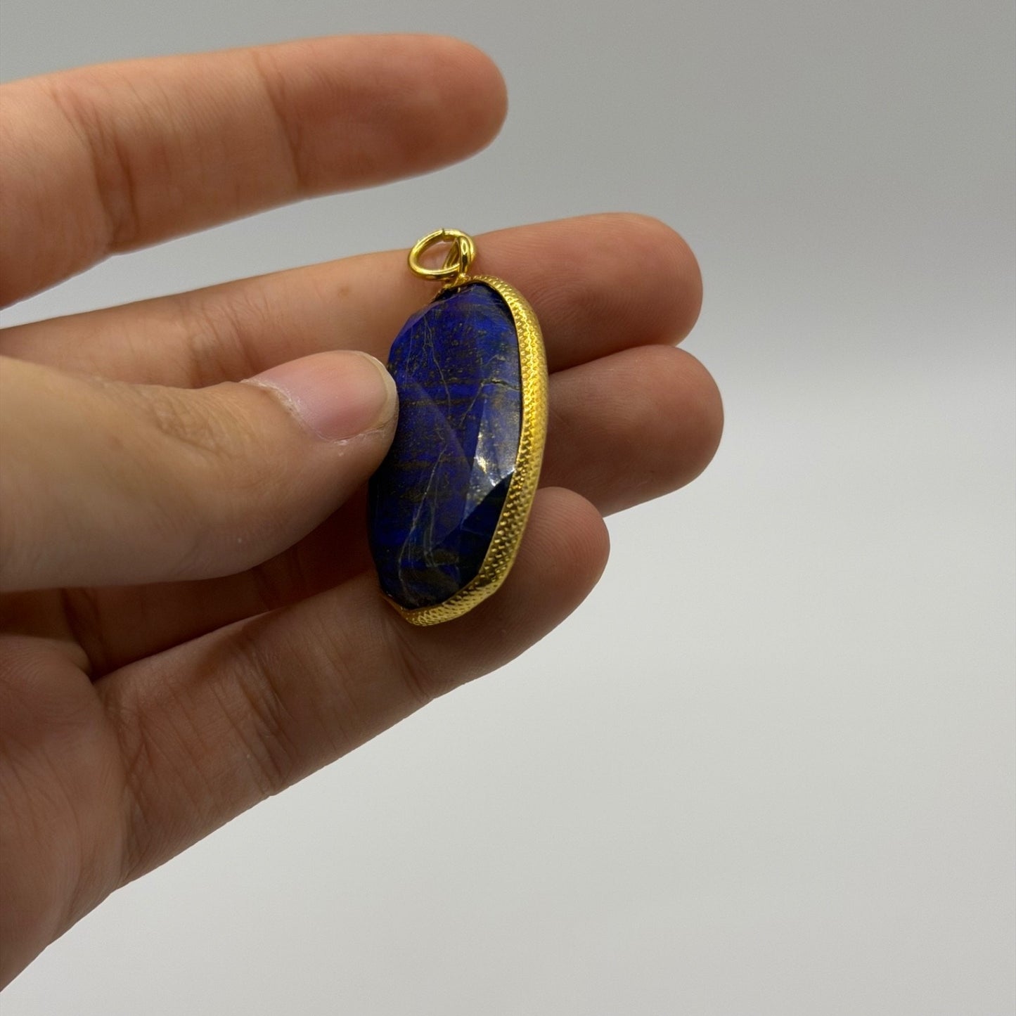 Large Natural Afghan Lapis Lazuli Oval Pendant Faceted Gemstone Gold Frame