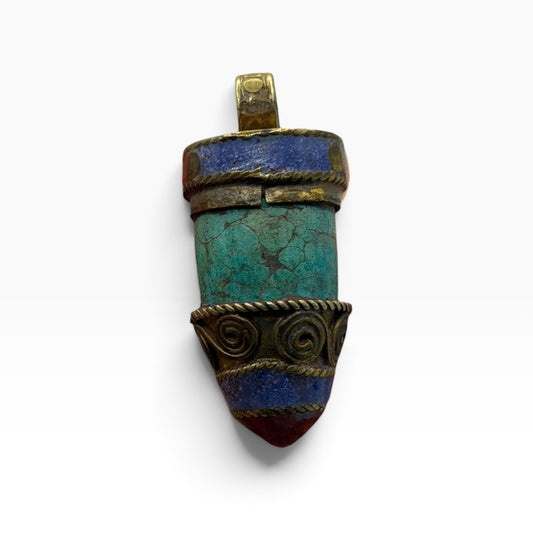 Vintage Tibetan Nepal Brass Cone Pendant – Mosaic Turquoise Lapis Coral Inlay