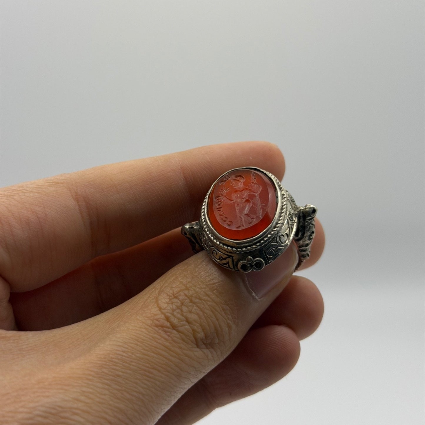 Vintage Silver Intaglio Carved Carnelian Portrait Seal Ring Roman Inspired
