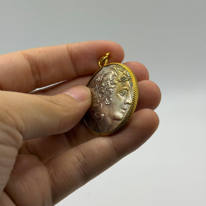 Ancient Roman Greek Style Silver & Gold Tone Coin Pendant