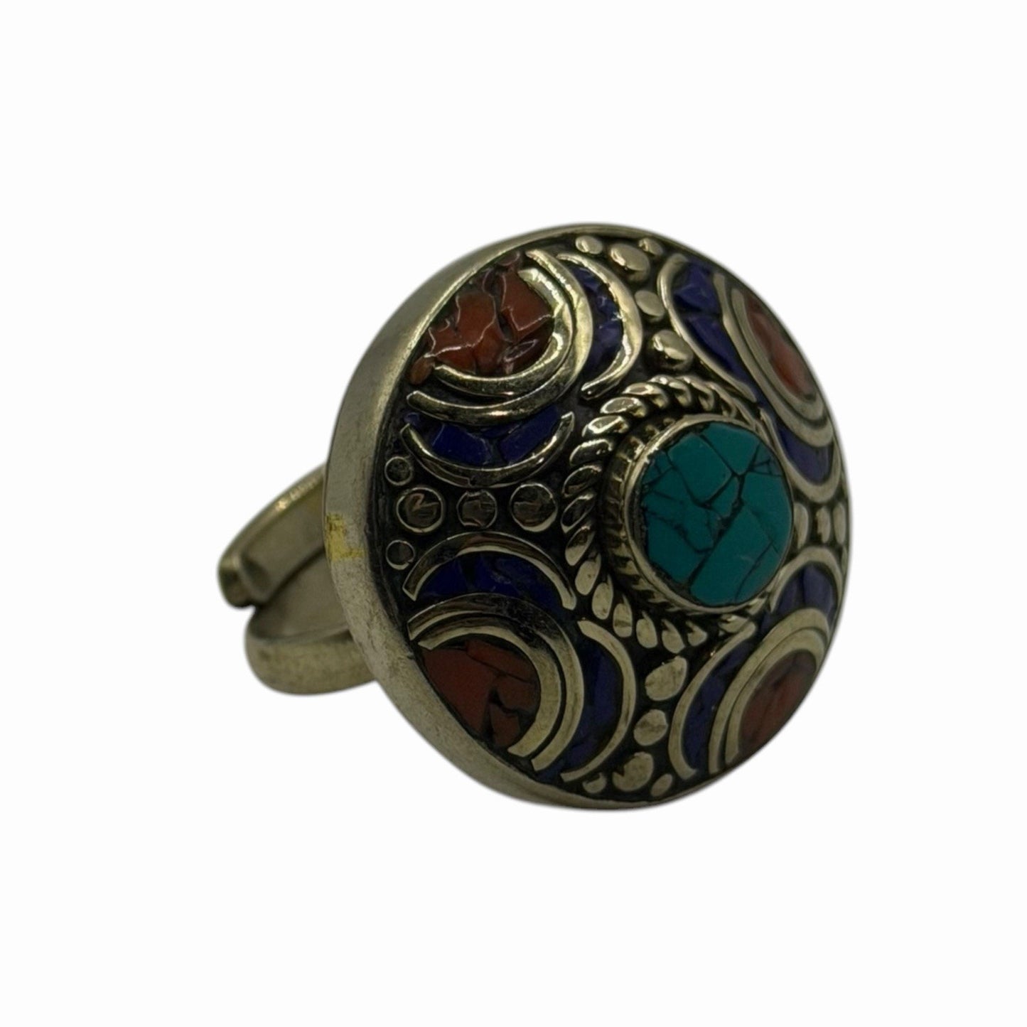 Unique Handmade Tribal Nepalese Multi Stone Silver Tone Ring