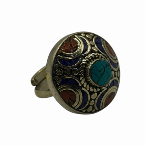 Unique Handmade Tribal Nepalese Multi Stone Silver Tone Ring