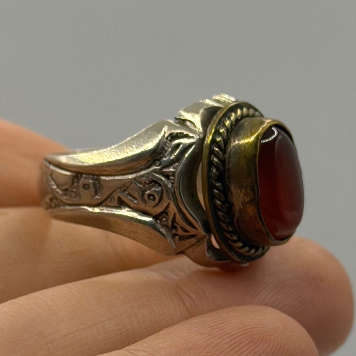 Vintage Post Medieval Style Silver Red Glass Ring
