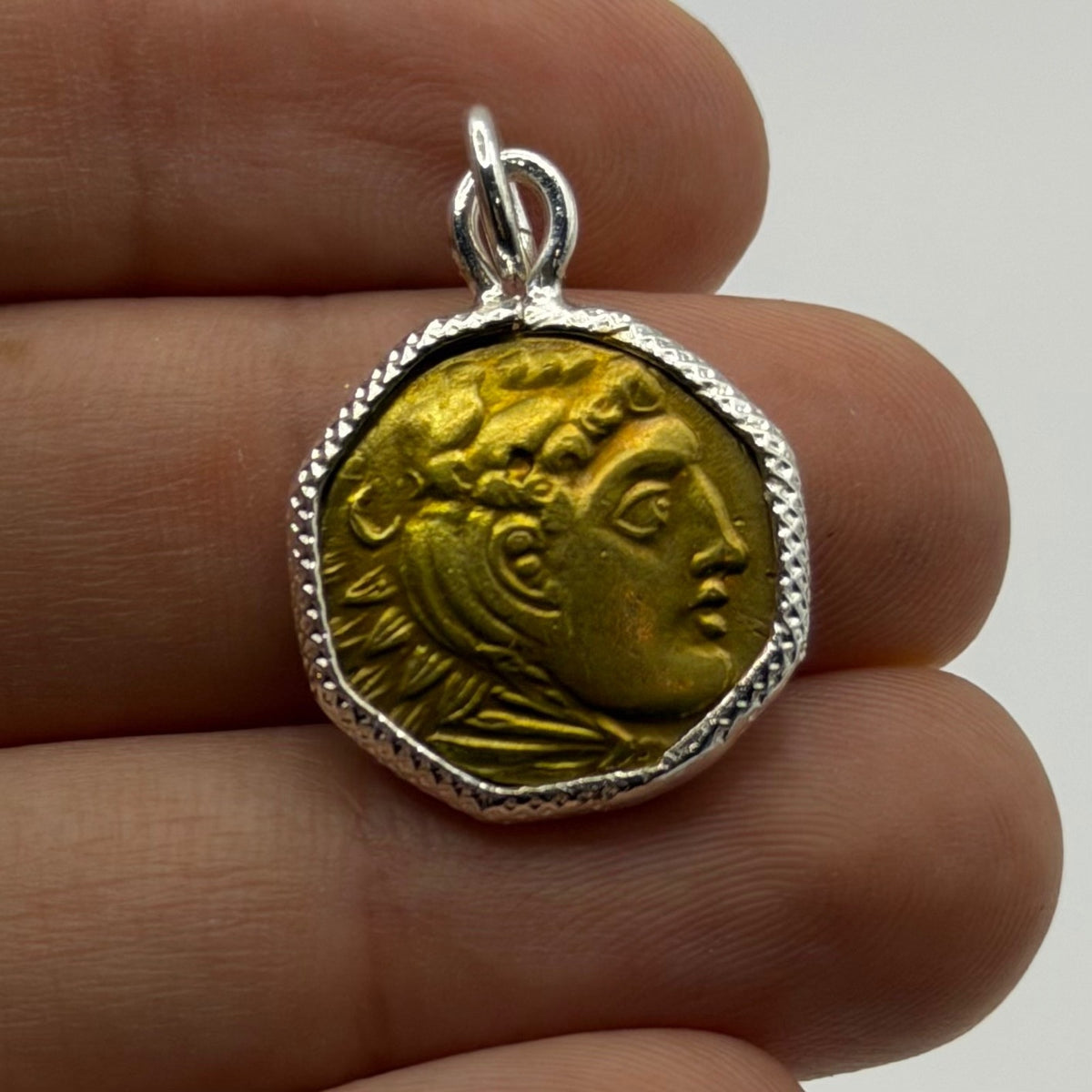 Ancient Roman Greek Style Coin Pendant Silver Gold Tone Coin Medallion Charm