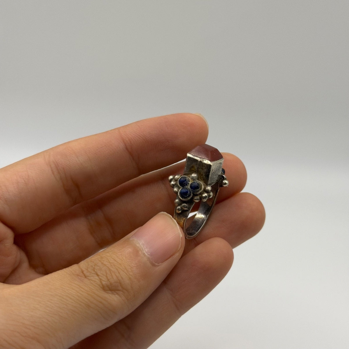 Vintage Silver Red Carnelian & Blue Glass Granulated Bead Accent Ring