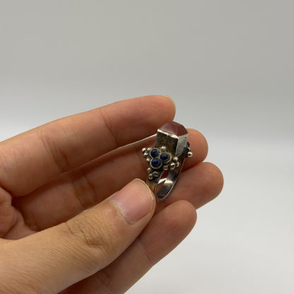 Vintage Silver Red Carnelian & Blue Glass Granulated Bead Accent Ring