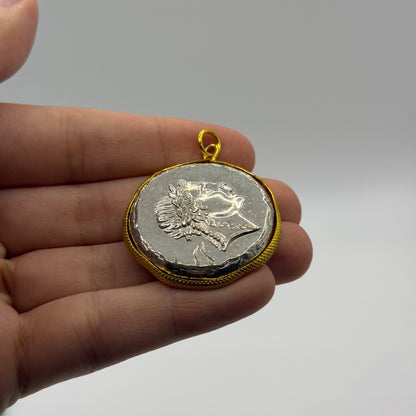 Ancient Greek Coin Style Pendant Gold Tone Bezel Frame Medallion Charm