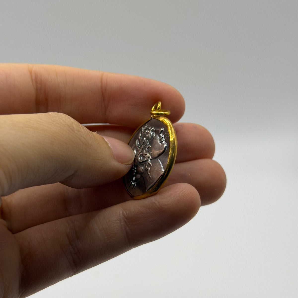 Ancient Roman Greek Style Silver & Gold Tone Coin Pendant