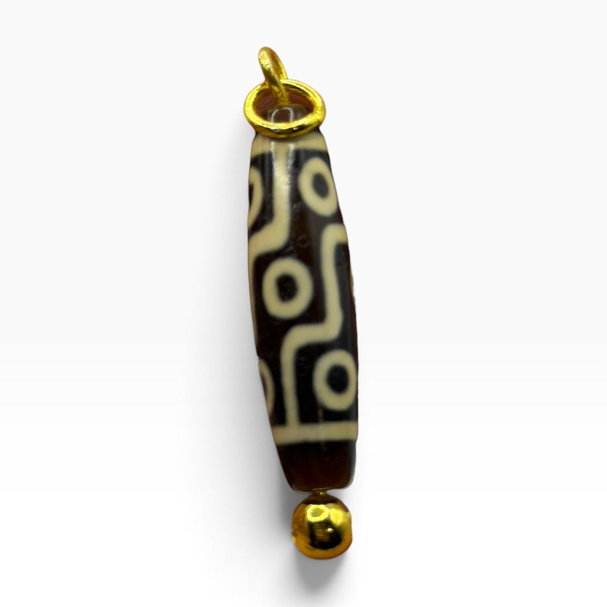 Vintage Tibetan Dzi Eye Agate Bead Tube Pendant Gold Tone Charm