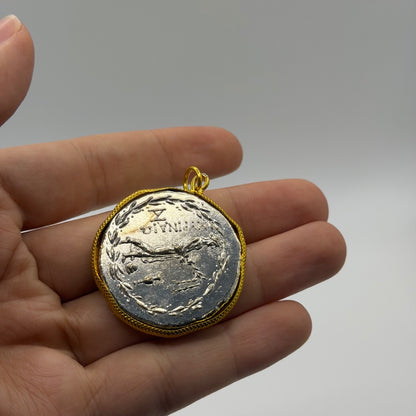 Ancient Greek Coin Style Pendant Gold Tone Bezel Frame Medallion Charm