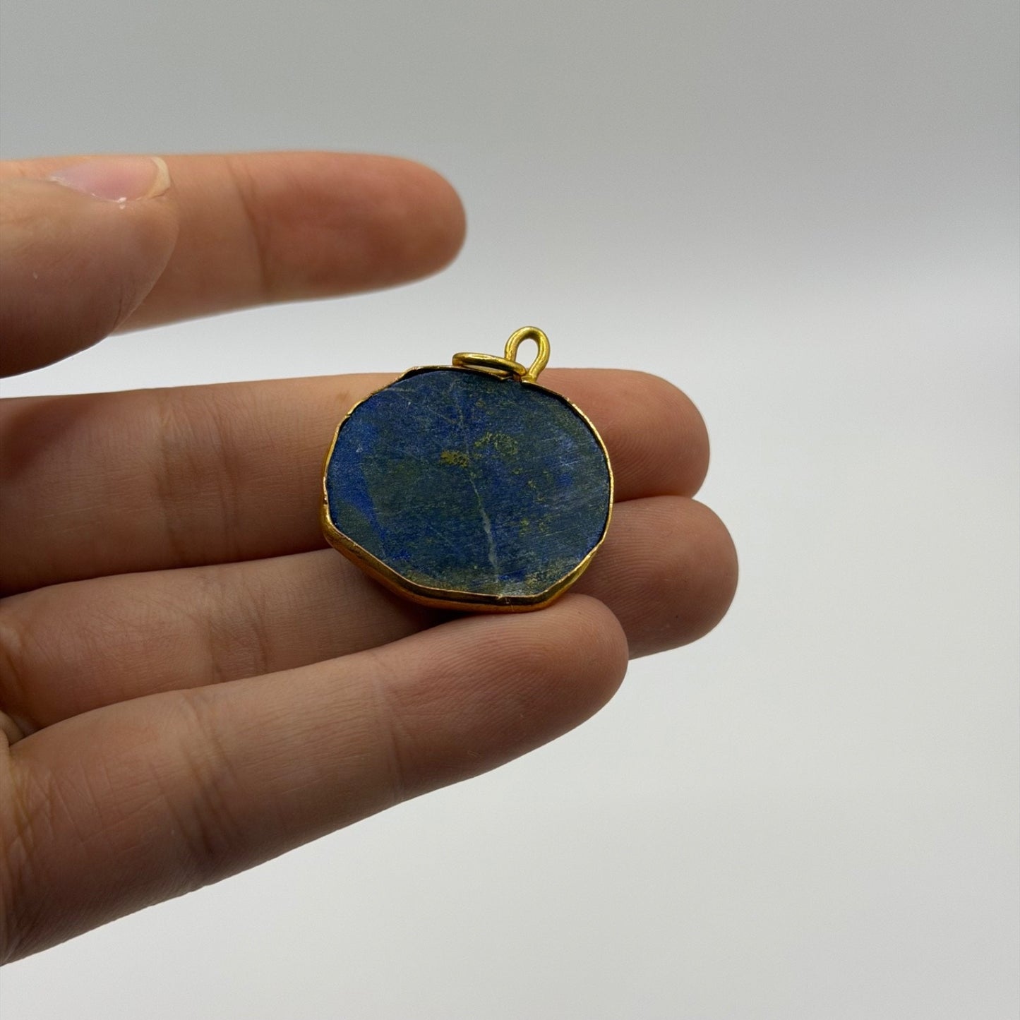 Natural Afghan Lapis Lazuli Faceted Round Pendant Gold Tone Gemstone Charm