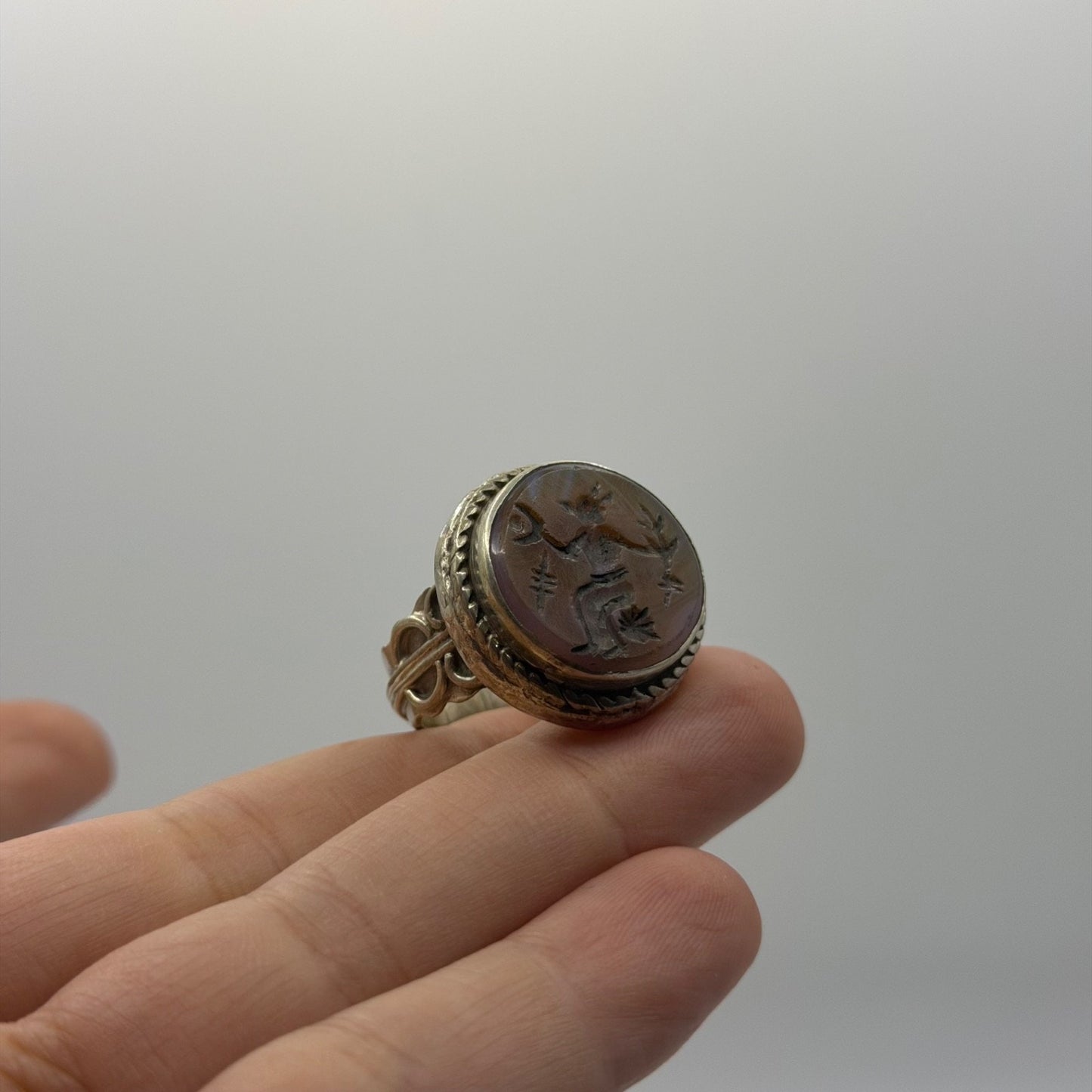 Vintage Silver Carved Intaglio Carnelian Figure Signet Ring Ancient Style