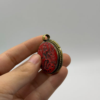 Antique Style Carved Red Stone Intaglio Medallion Pendant Brass Frame