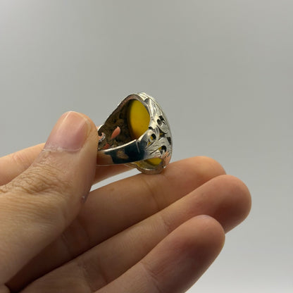Vintage Solid Silver Yellow Chalcedony Agate Openwork Filigree Statement Ring