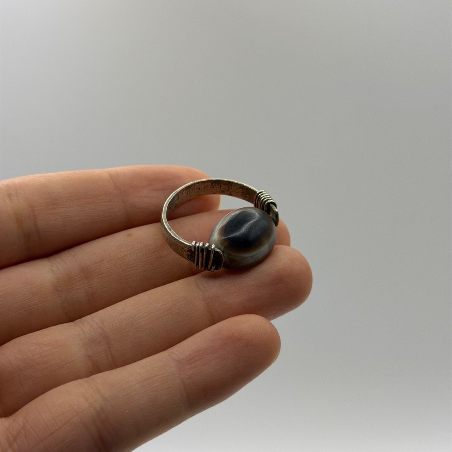 Eyed Dzi Agate Banded Bead Silver Wire Wrapped Ring