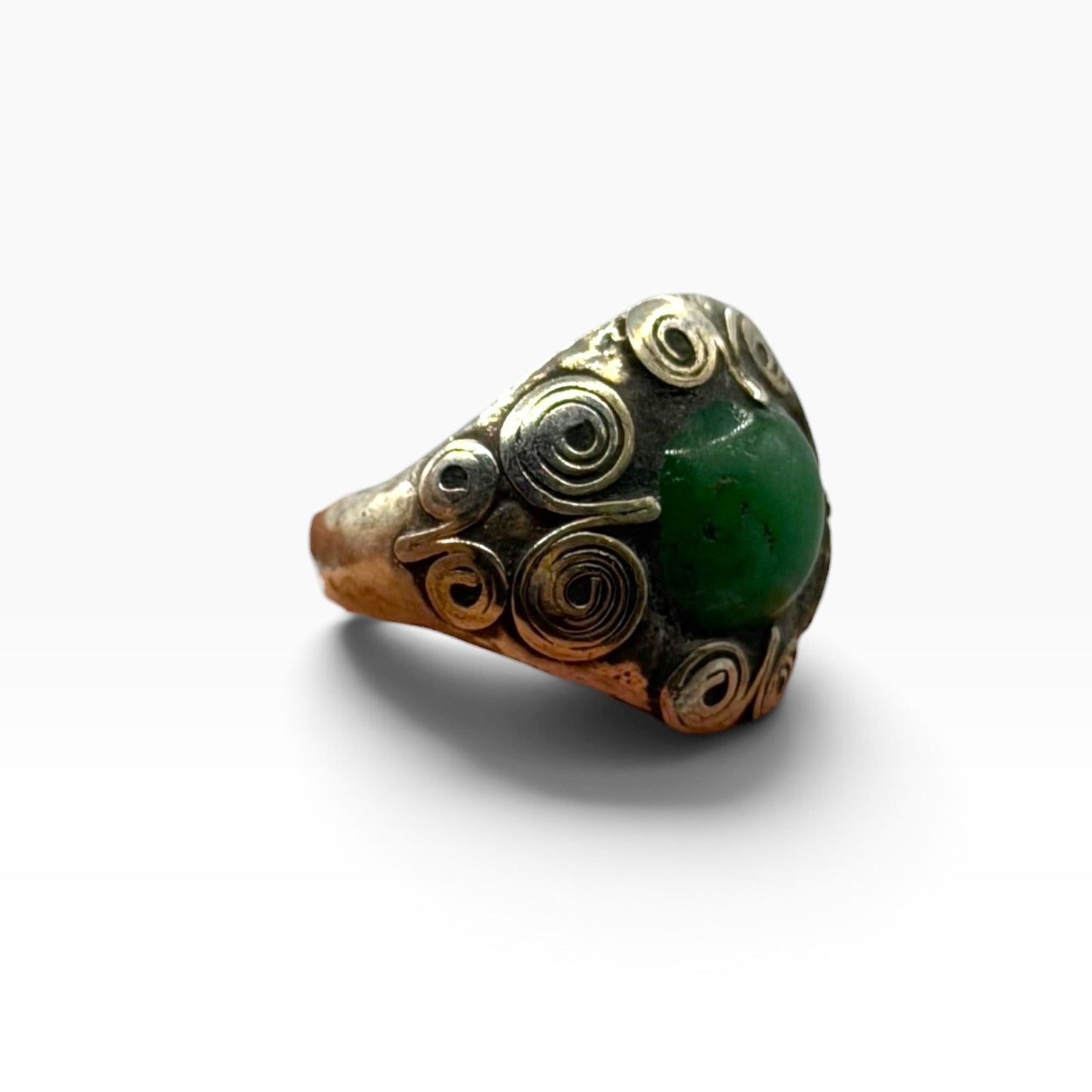 Silver Green Jadeite Jade Cabochon Spiral Scroll Solitaire Ring Band
