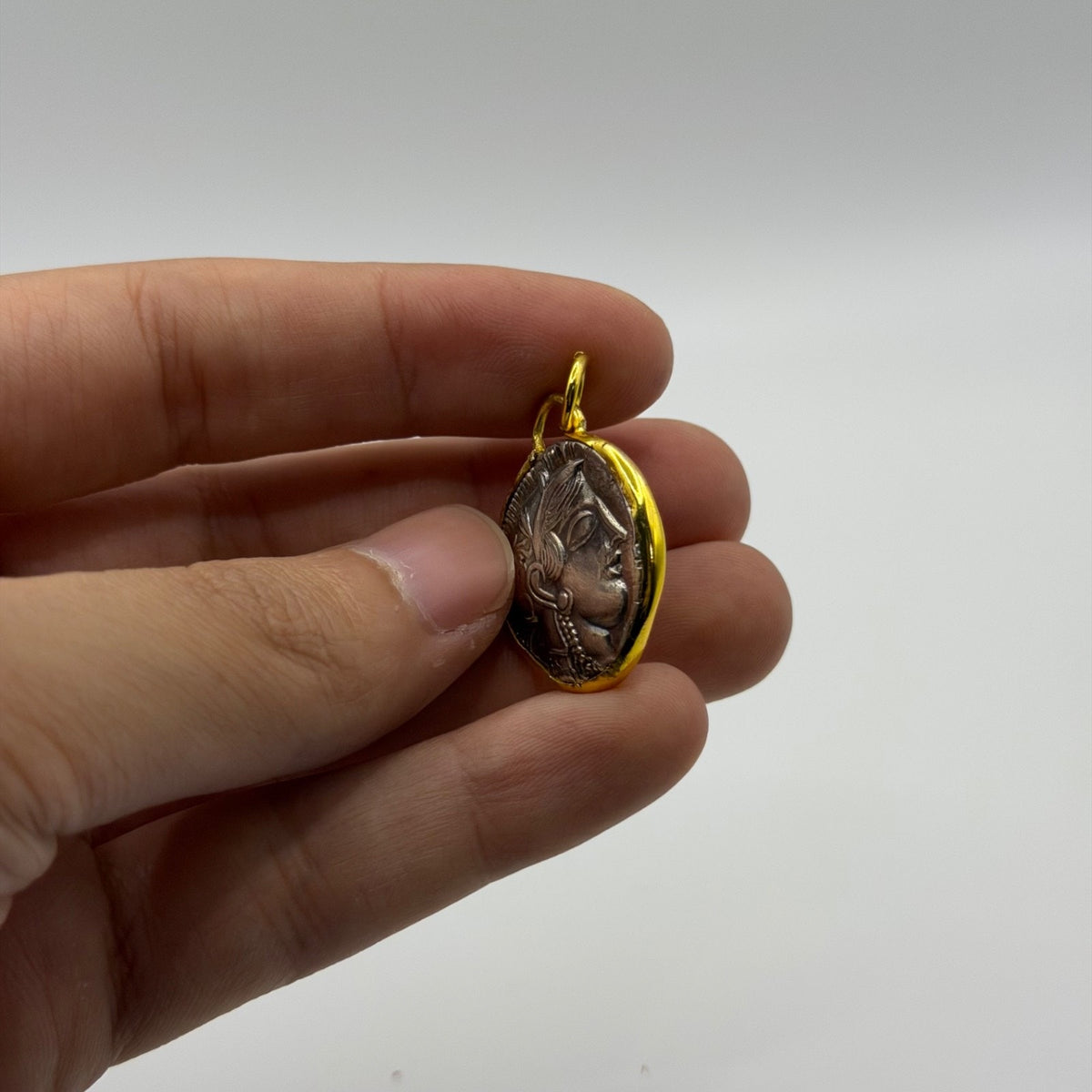 Ancient Style Silver Coin Pendant Gold Plated Framed Athena Goddess Charm⁠