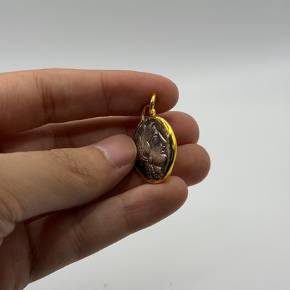 Ancient Style Silver Coin Pendant Gold Plated Framed Athena Goddess Charm⁠