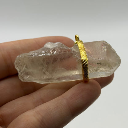 Raw Quartz Crystal Point Pendant Gold Tone Wire Wrap Natural Gemstone Charm⁠