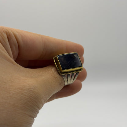 Silver Rope-Trim Statement Ring with Rectangular Black Onyx Stone