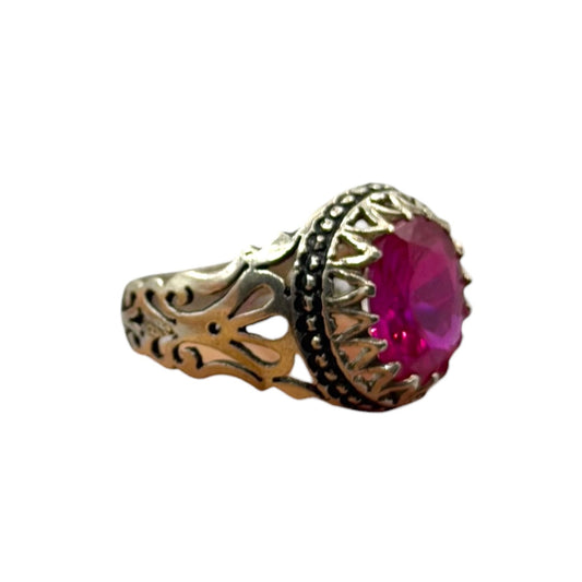 Silver Ornate Crown Setting Ring with Pink Gem Stone