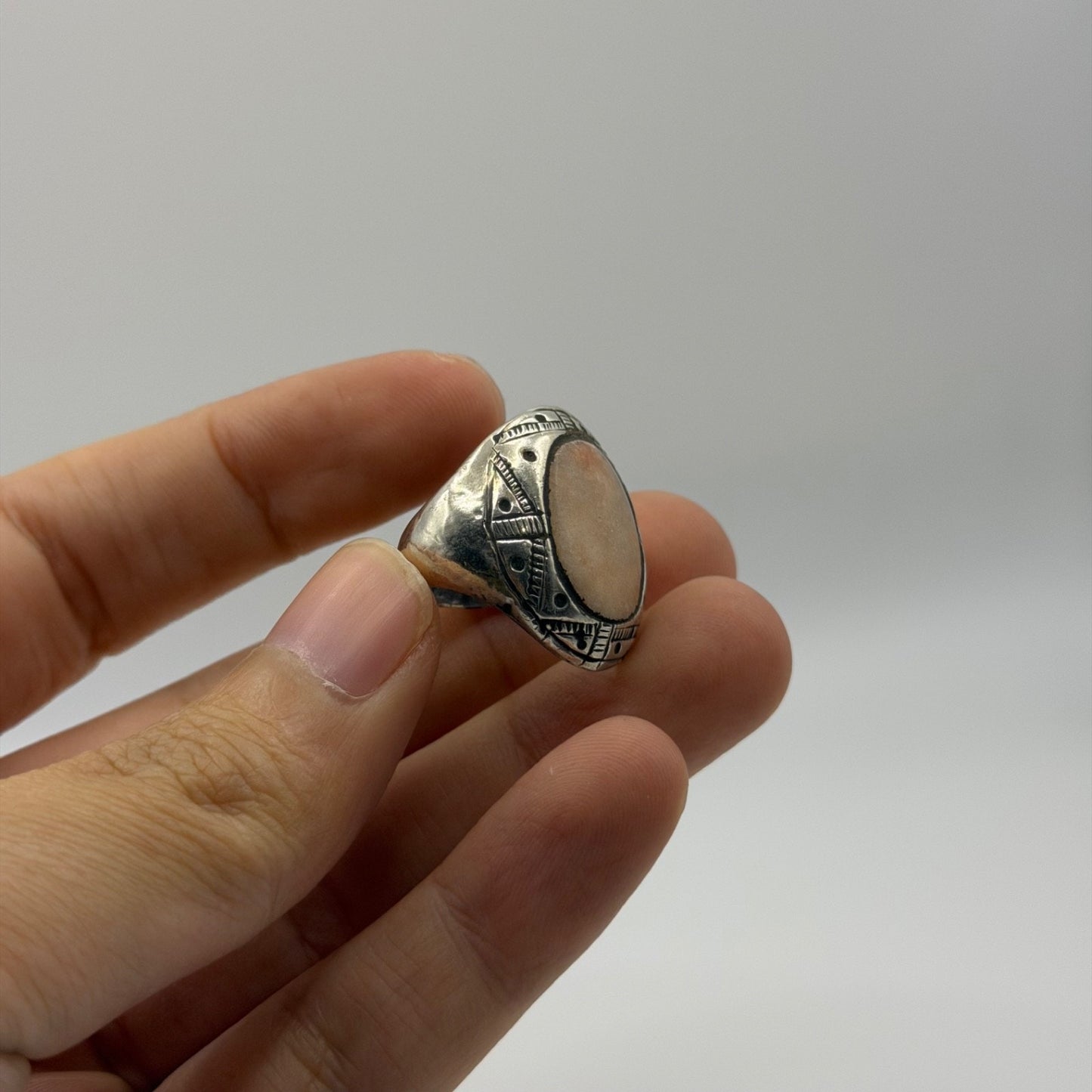 Vintage Silver Oval Stone Cabochon Ring Engraved Tribal Geometry Design
